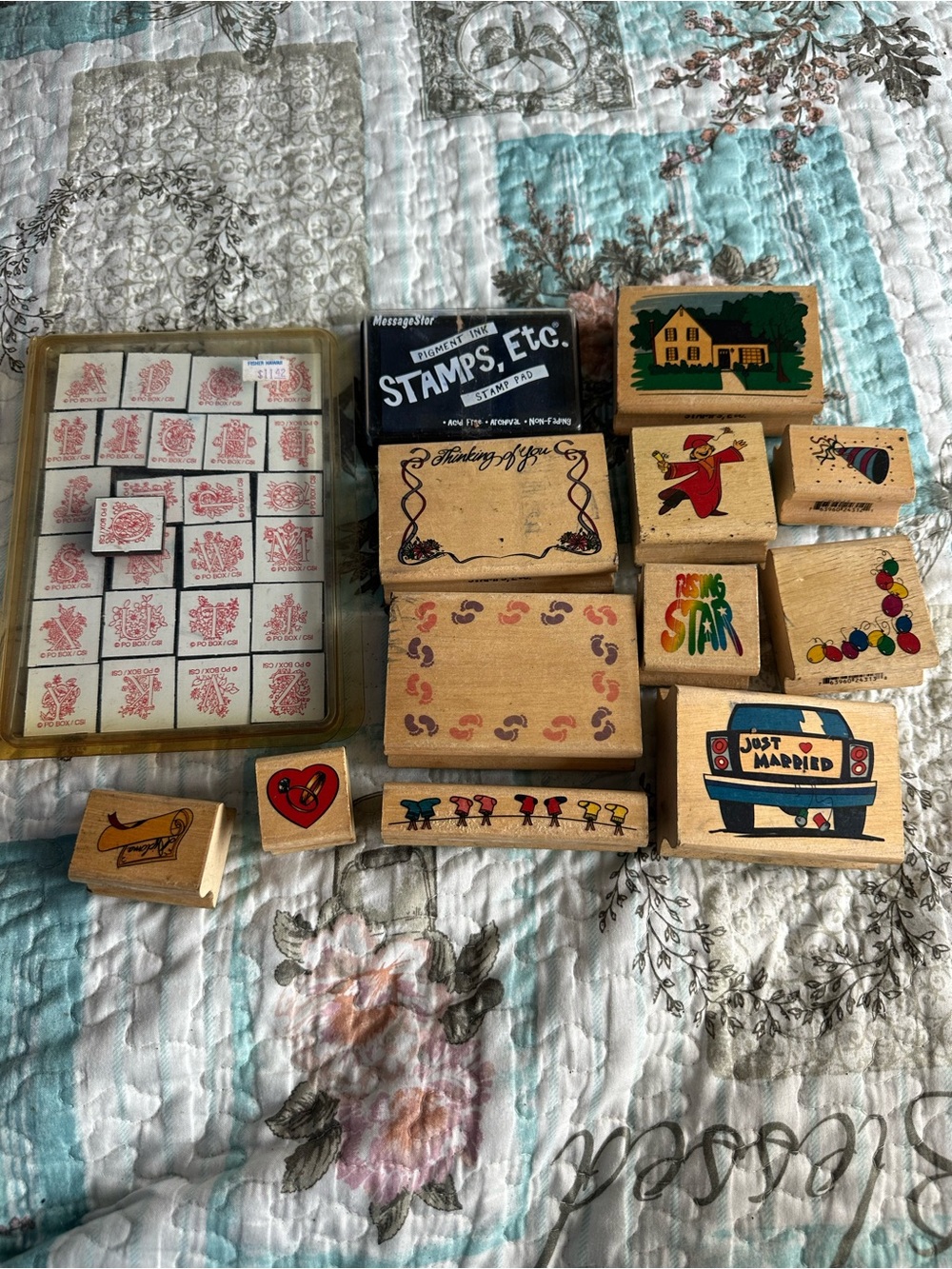 Assorted Wooden Rubber Stamp Set in Natural Wood and Multicolor